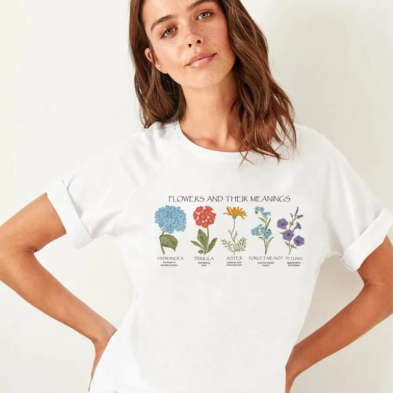 Flower Meanings Vintage Aesthetic Tumblr T Shirt Women Casual Floral Print Short Sleeve T-Shirts Graphic Tees Ladies Cute Tops 
Flower Meanings Vintage Aesthetic Tumblr T Shirt Women Casual Floral Print Short Sleeve T-Shirts Graphic Tees Ladies Cute Tops