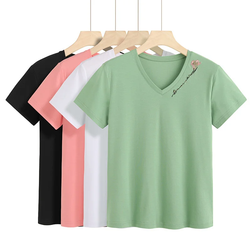 2021 spring and summer new short sleeve T-shirt women's Mercerized Cotton 80 thread Korean V-neck Embroidered Beaded bottom
2021 spring and summer new short sleeve T-shirt women's Mercerized Cotton 80 thread Korean V-neck Embroidered Beaded bottom