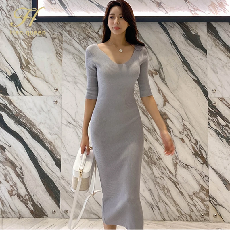 H Han Queen Elegant Simple Occupation Dress Women Autumn Mid-calf Sheath Bodycon Dresses Wear To Work Pencil Knitted Vestidos
H Han Queen Elegant Simple Occupation Dress Women Autumn Mid-calf Sheath Bodycon Dresses Wear To Work Pencil Knitted Vestidos