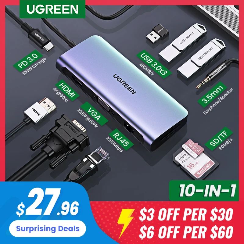 Концентратор UGREEN 10 в 1 USB Type C на HDMI 4K 3 0 VGA PD 5 мм полнофункциональный концентратор