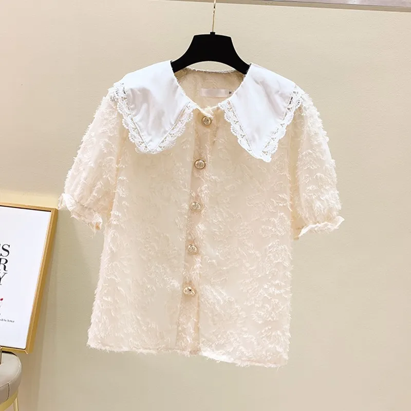 Plus Size Women Summer Elegant Shirts New Arrival 2021 Fashion Lace Peter Pan Collar All-match Ladies Short Sleeve Tops W316
Plus Size Women Summer Elegant Shirts New Arrival 2021 Fashion Lace Peter Pan Collar All-match Ladies Short Sleeve Tops W316
