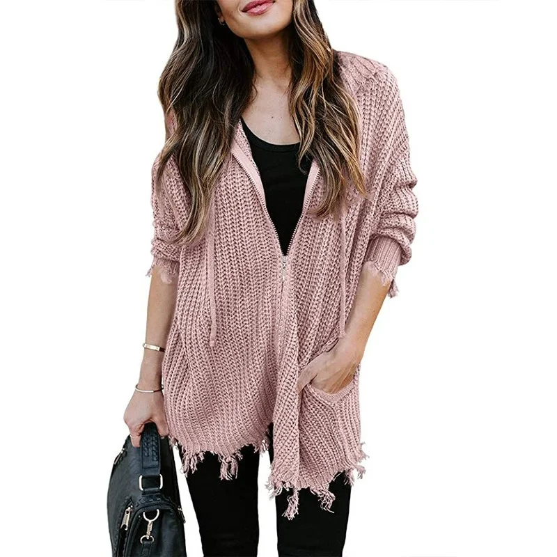 Europe 2021 Winter Sweaters Women Fashion Cardigans Women Ripped Sweater Casual Zipper Drawstring Hooded Pink Cardigan
Europe 2021 Winter Sweaters Women Fashion Cardigans Women Ripped Sweater Casual Zipper Drawstring Hooded Pink Cardigan