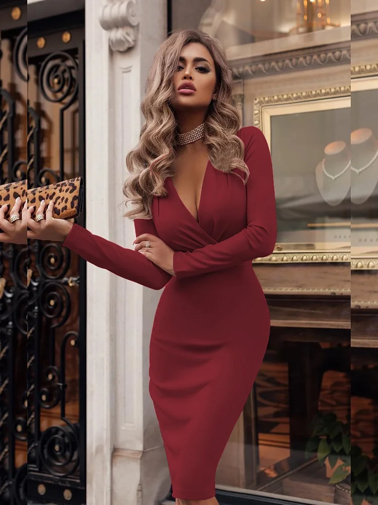 Women's Dress Autumn Winter Casual Solid Color Long Sleeve Elegant Office Lady Dress Sexy Deep V-Neck Bodycon Pencil Party Dress
Women's Dress Autumn Winter Casual Solid Color Long Sleeve Elegant Office Lady Dress Sexy Deep V-Neck Bodycon Pencil Party Dress