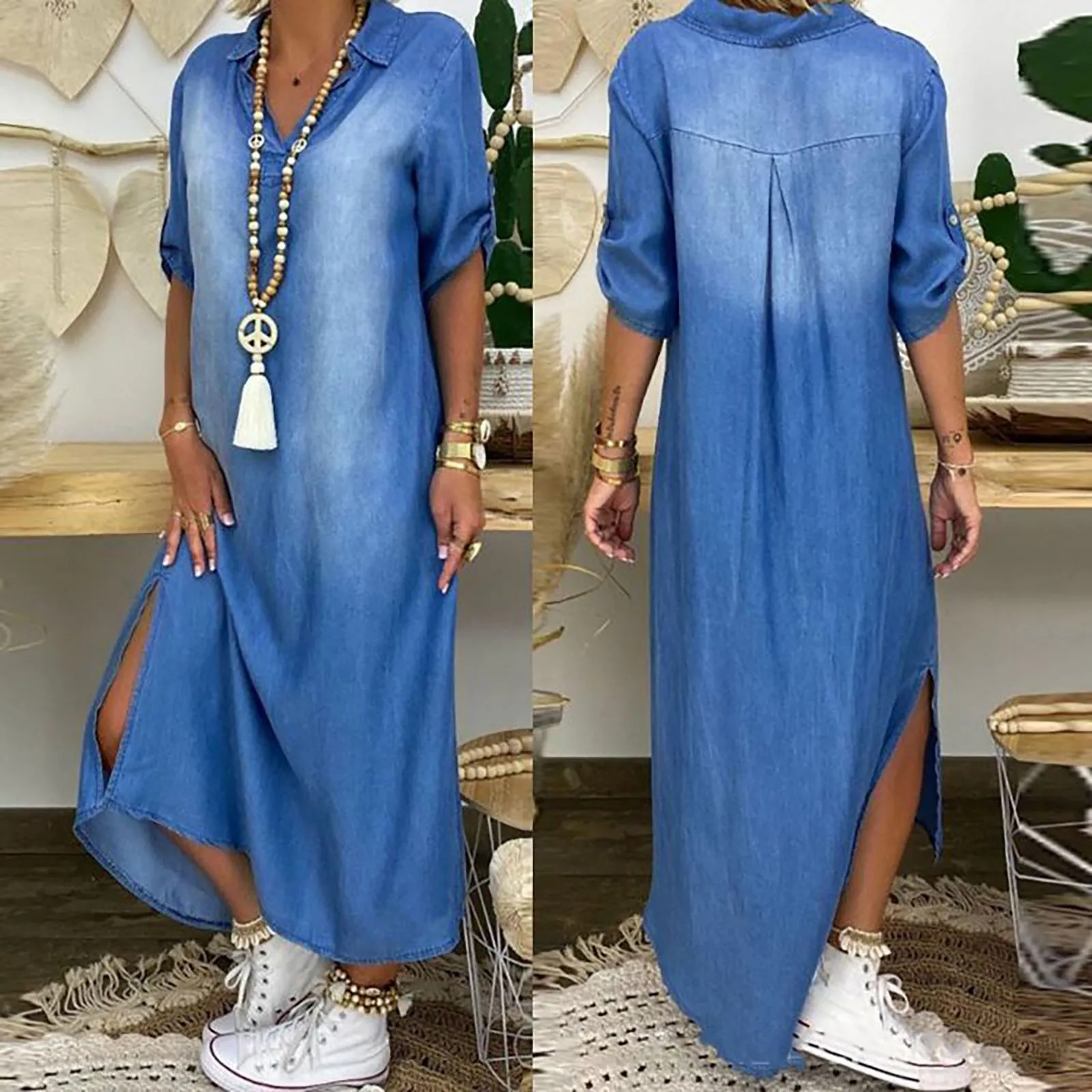 Women Lmitation Cowboy Dress Lapel V-neck Long Sleeve Ankle-length Split Dress Preppy Style Casual Women Dresses Ropa Mujer
Women Lmitation Cowboy Dress Lapel V-neck Long Sleeve Ankle-length Split Dress Preppy Style Casual Women Dresses Ropa Mujer
