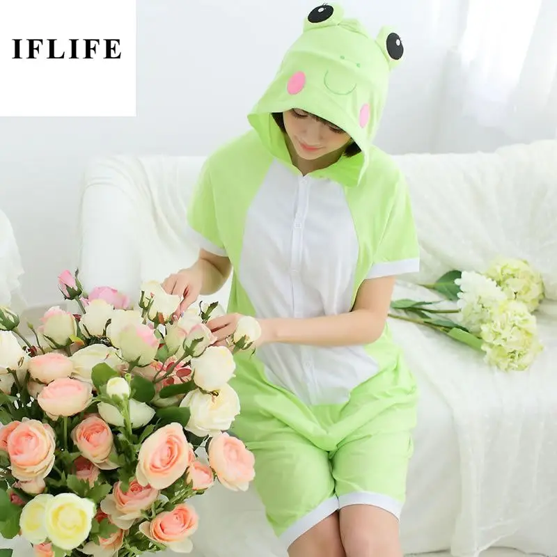 

Kigurumi Green Frog Pajama Adult Animal Onesie Women Men Summer Short Sleeve Sleepwear Cotton Cartoon Anime Hooded Pijamas