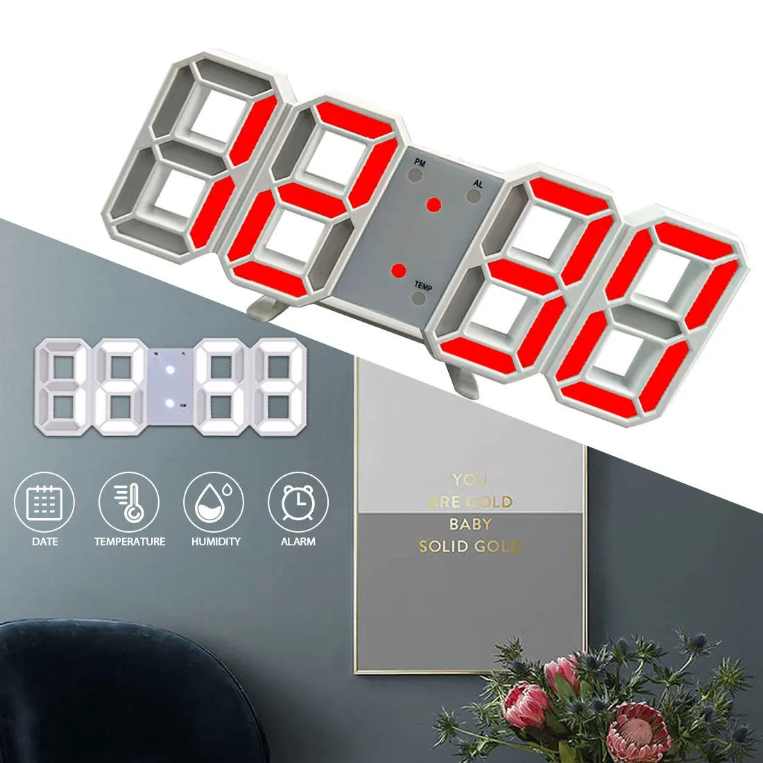 3D Table Clock LED Digital Wall Clock Date Electronic Alarm Clock Temperature Automatic Backlight Table Desktop Home Decoration
3D Table Clock LED Digital Wall Clock Date Electronic Alarm Clock Temperature Automatic Backlight Table Desktop Home Decoration