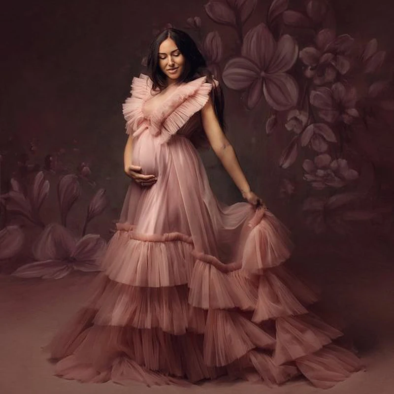 

Розовые платья для беременных для выпускного вечера, женское Пышное длинное Многоярусное платье с оборками для вечеринки, элегантное фатин...