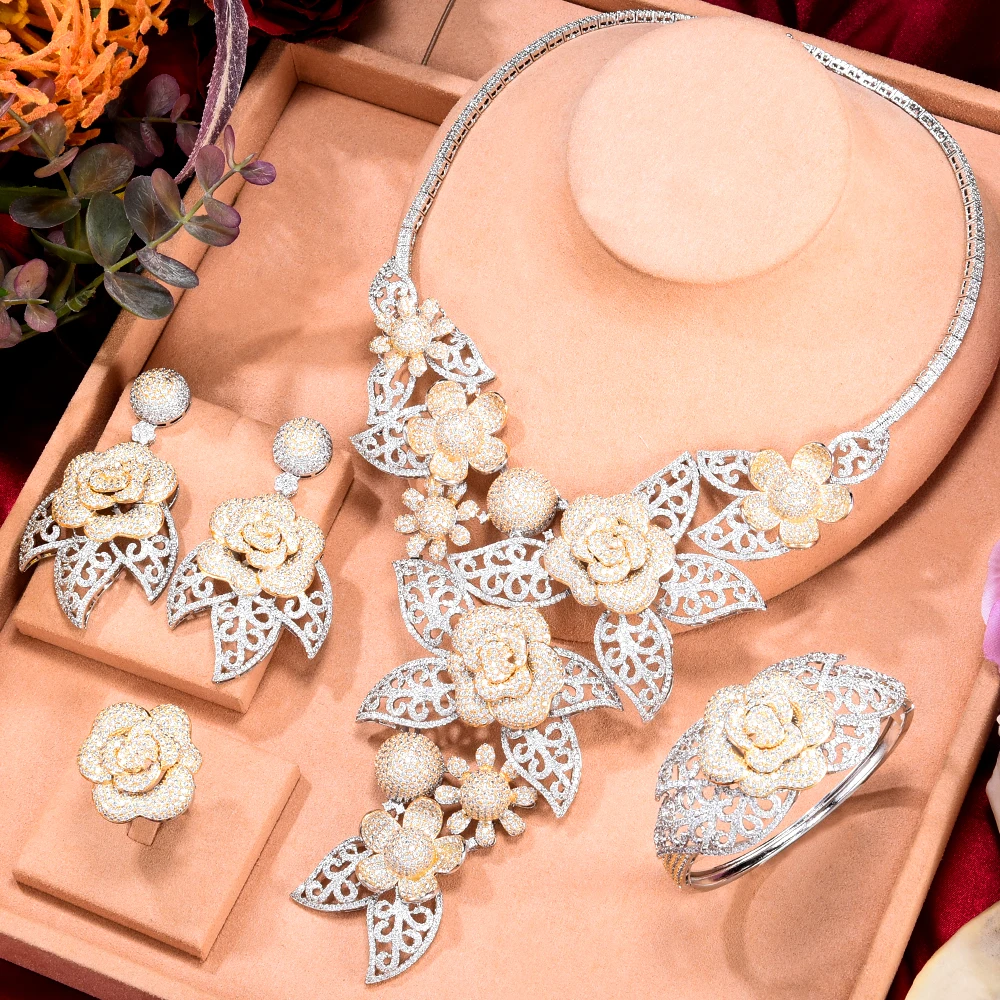 Soramoore Luxury Bloom Flowers 4PCS Necklace Jewelry set For Women Wedding Cubic Zircon CZ African Dubai Bridal Jewelry Sets
Soramoore Luxury Bloom Flowers 4PCS Necklace Jewelry set For Women Wedding Cubic Zircon CZ African Dubai Bridal Jewelry Sets
