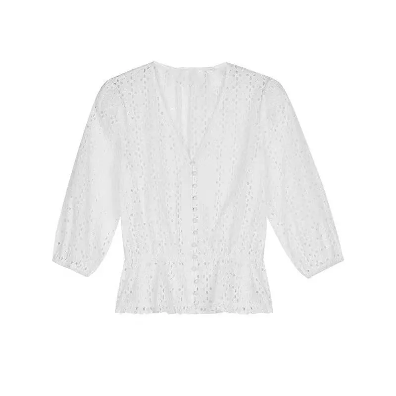 Women Shirt 2021 Year Spring and Summer New Women's V-neck Hollow Single-breasted Shirt Women
Women Shirt 2021 Year Spring and Summer New Women's V-neck Hollow Single-breasted Shirt Women