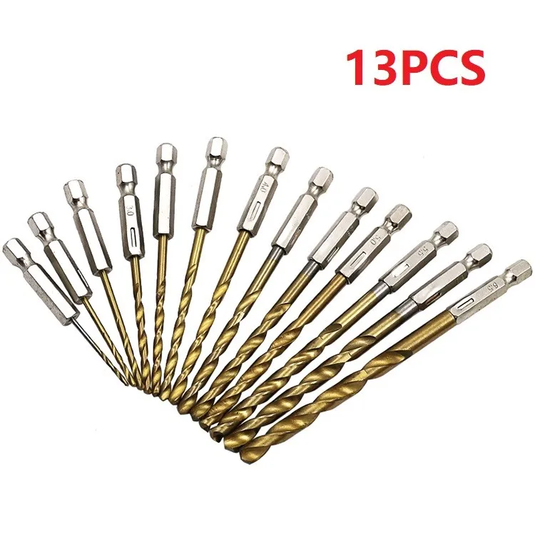 13pcs HSS Titanium Coated Twist Drill Bit Set 1/4 Hex Shank 1.5-6.5mm Aluminium Iron Drilling Electric Screw Driver Drill Bits
13pcs HSS Titanium Coated Twist Drill Bit Set 1/4 Hex Shank 1.5-6.5mm Aluminium Iron Drilling Electric Screw Driver Drill Bits