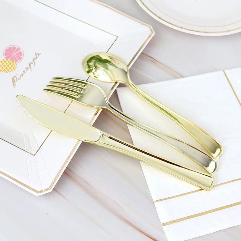Hot Gold Knife Fork Spoon Set Disposable Tableware Birthday Party Supplies Western Food Gilded Fork Wedding Christmas Use
Hot Gold Knife Fork Spoon Set Disposable Tableware Birthday Party Supplies Western Food Gilded Fork Wedding Christmas Use