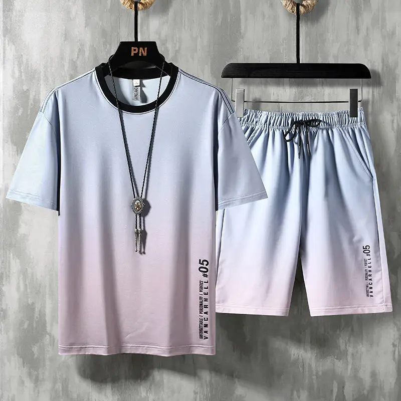 Summer Men's Thin Ice Silk Casual Suit Fashion Trend Gradient Loose Large Plate Short Sleeve Shorts Two Pieces Tracksuit Men Gym
Summer Men's Thin Ice Silk Casual Suit Fashion Trend Gradient Loose Large Plate Short Sleeve Shorts Two Pieces Tracksuit Men Gym