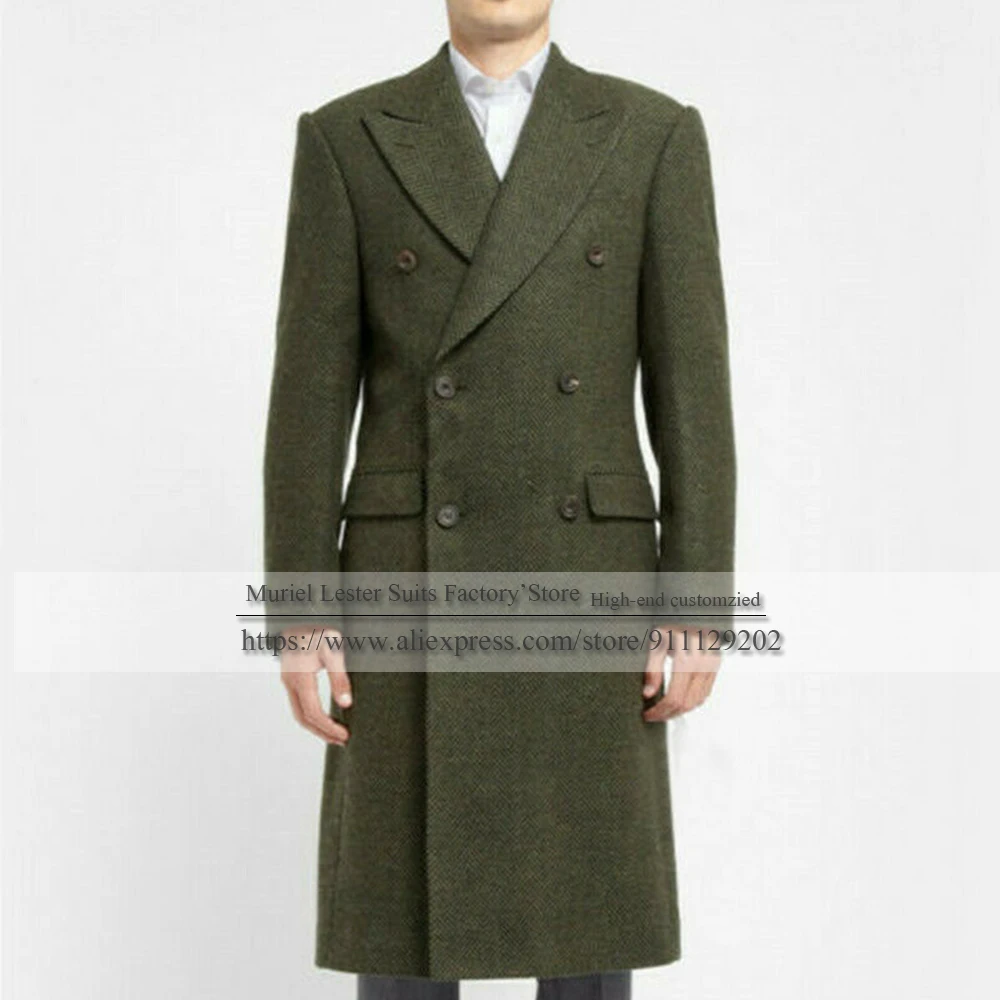 

Winter Herringbone Trench Coat Men Green Tweed Wool Blend Double Breasted Overcoat Formal Suit For Wedding Blazer Tuxedos 2022