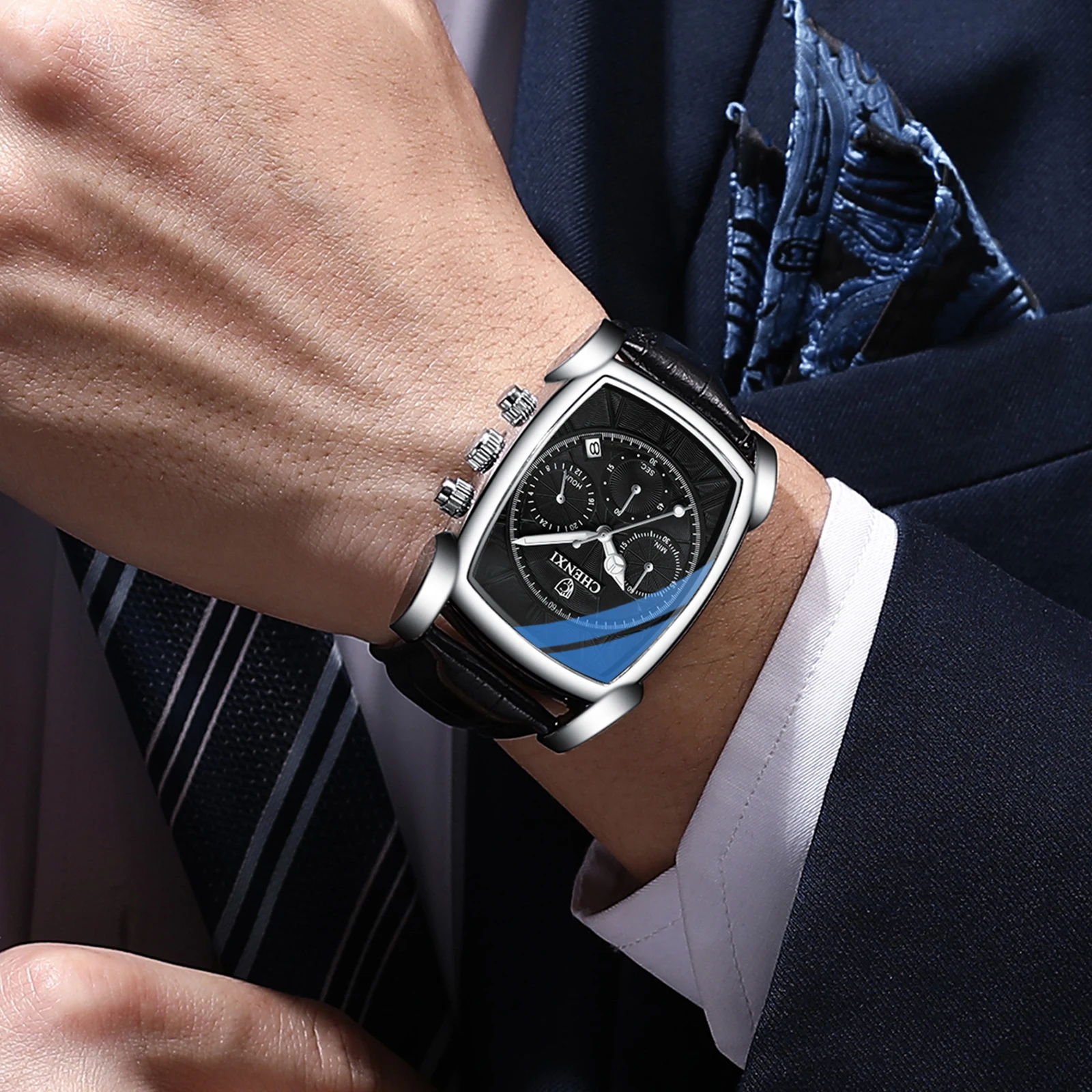

CHENXI new multifunctional sports watch men's leather rectangular waterproof luminous quartz watch