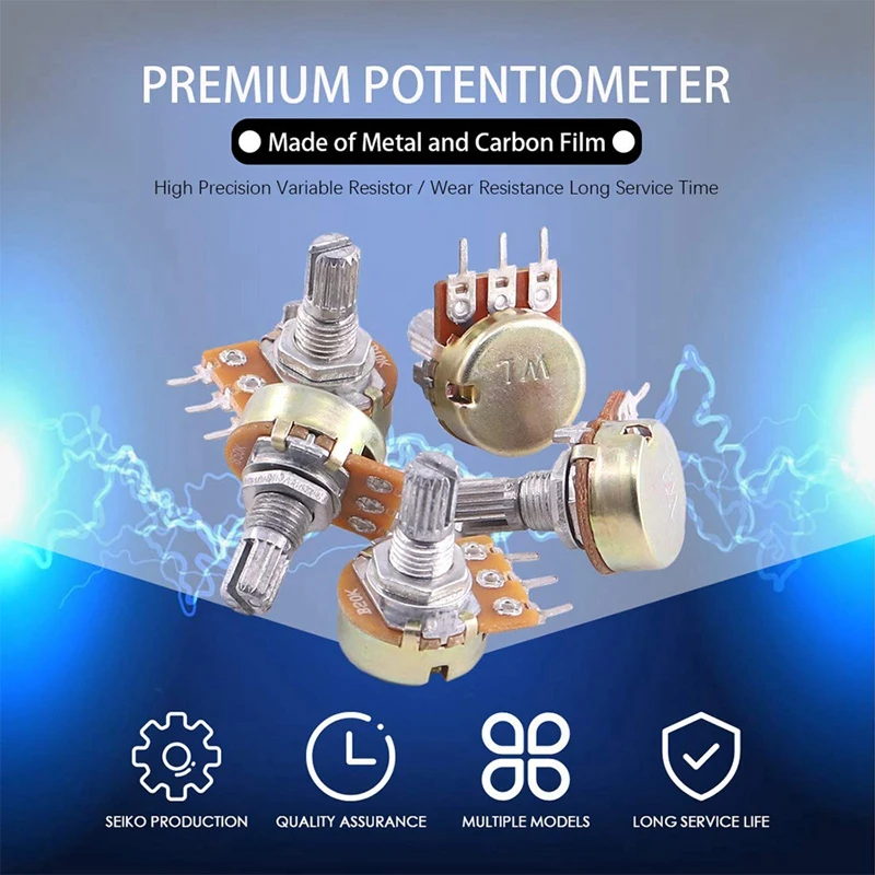 Potentiometer, Knurled Shaft Single Rotary Taper Volume Control Potentiometer Pot Kit with Knobs Nut and Washer(WH148)
Potentiometer, Knurled Shaft Single Rotary Taper Volume Control Potentiometer Pot Kit with Knobs Nut and Washer(WH148)