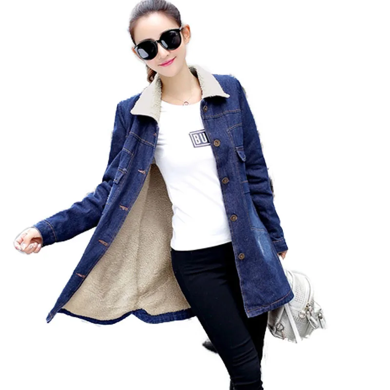 Warm Fleece Denim Jacket 2020 Thickening Winter Slim Fit Streetwear Neck Jean Casual Outwear Medium Length Cowboy Coat | Женская одежда