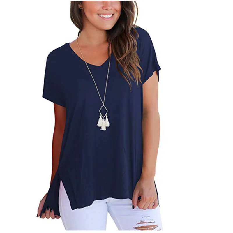 2021 Summer Ladies' Tops Casual All-match Solid Color V-neck Short Front and Long Slit Short-sleeved Loose T-shirt Women
2021 Summer Ladies' Tops Casual All-match Solid Color V-neck Short Front and Long Slit Short-sleeved Loose T-shirt Women