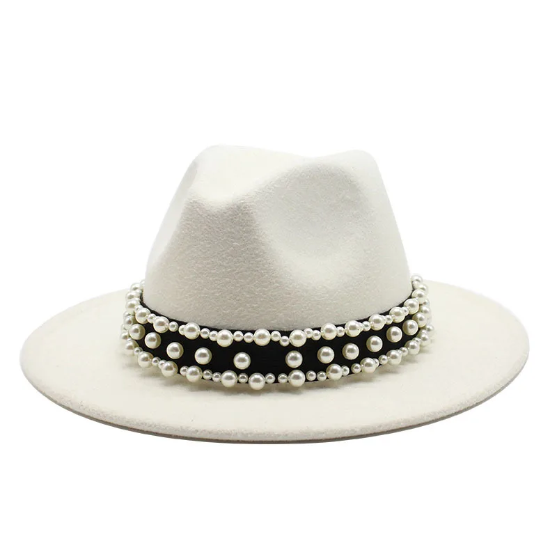 Women Men Wool Fedora Hat With Pearl Ribbon Gentleman Elegant Lady Winter Autumn Wide Brim Church Panama Sombrero Jazz Cap 60CM 
Women Men Wool Fedora Hat With Pearl Ribbon Gentleman Elegant Lady Winter Autumn Wide Brim Church Panama Sombrero Jazz Cap 60CM