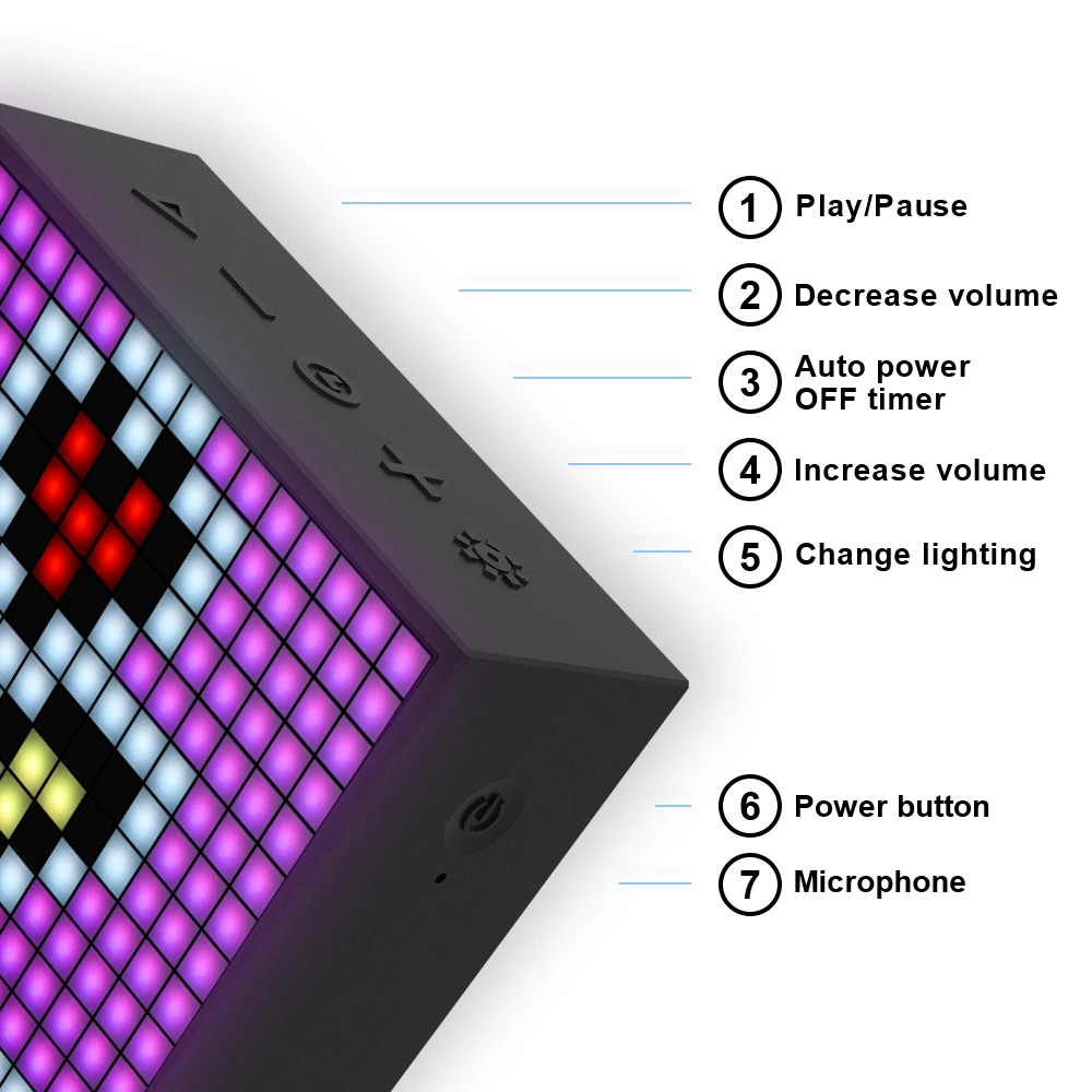 Waterproof Bluetooth portable speaker with programmable LED display for clock alarm, can be used for pixel art creation
Waterproof Bluetooth portable speaker with programmable LED display for clock alarm, can be used for pixel art creation