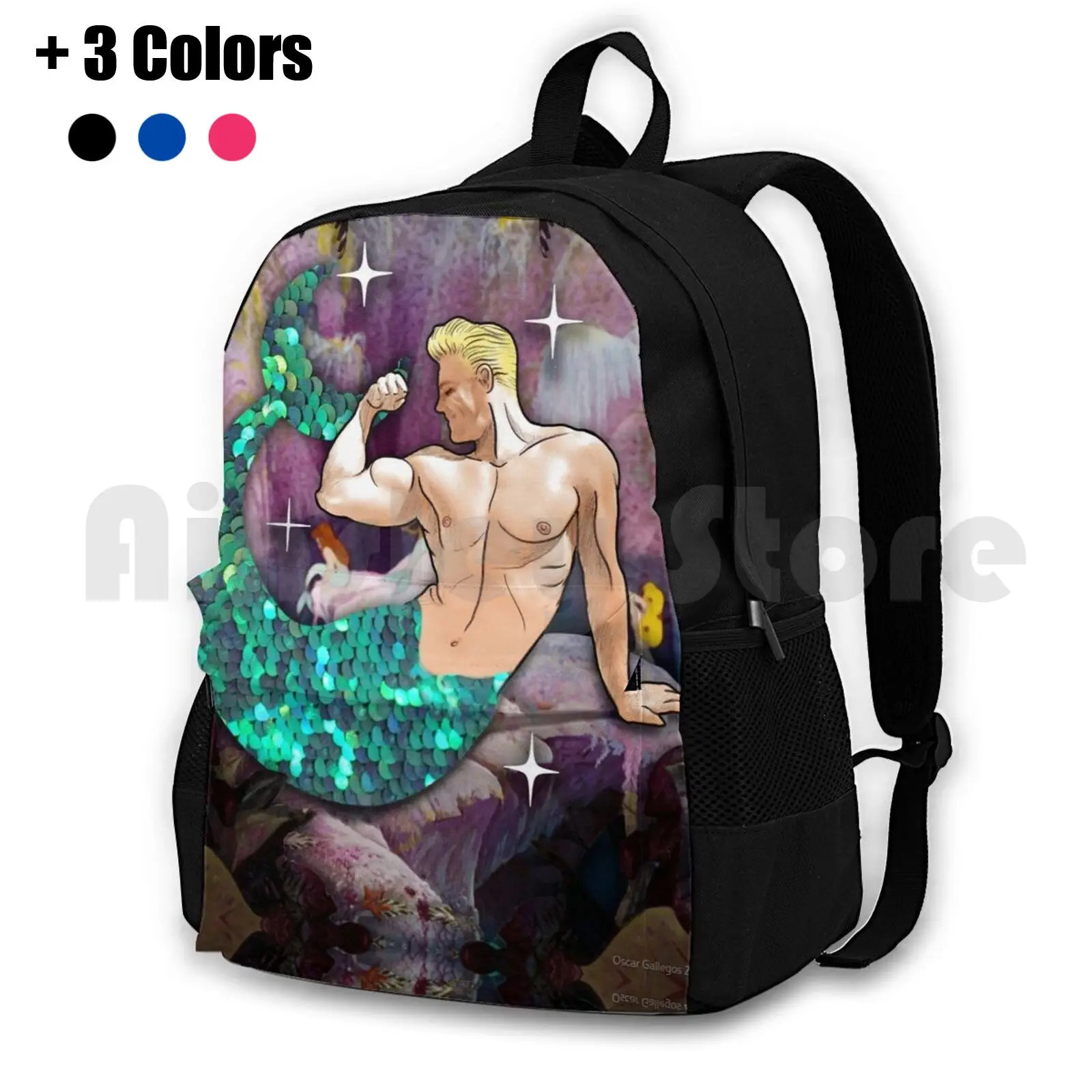 

Sequin Merman Outdoor Hiking Backpack Riding Climbing Sports Bag Merman Mermaid Sparkles Vintage Mary Blair Pierre And Collage