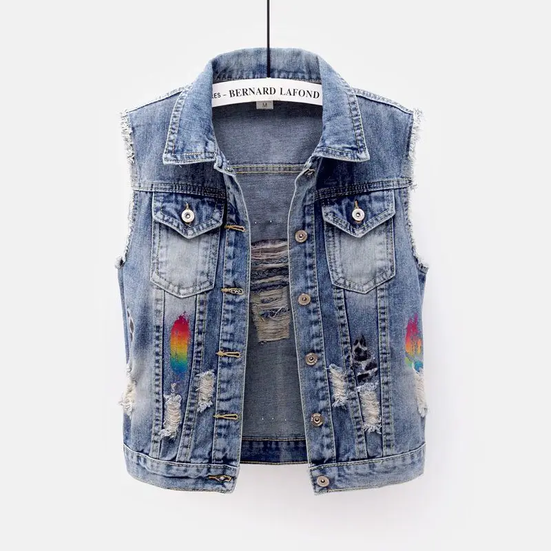 Summer Streetwear Fashion Holes Denim Vest Women Rivet Cartoons Print Sleeveless Jacket Slim Short Blue Jeans Waistcoat Female
Summer Streetwear Fashion Holes Denim Vest Women Rivet Cartoons Print Sleeveless Jacket Slim Short Blue Jeans Waistcoat Female