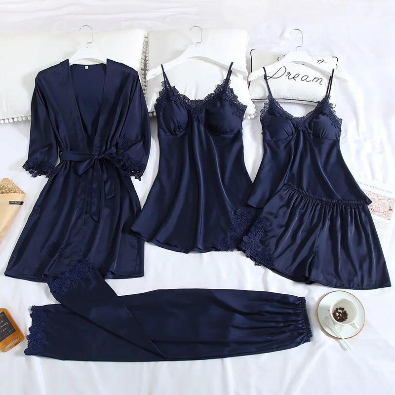 Summer 2020 Women Pajama Sets 5 Pcs Pyjamas Women Sexy Lace Satin Sleepwear Elegant Silk Pijama With Chest Pads Nightwear
Summer 2020 Women Pajama Sets 5 Pcs Pyjamas Women Sexy Lace Satin Sleepwear Elegant Silk Pijama With Chest Pads Nightwear