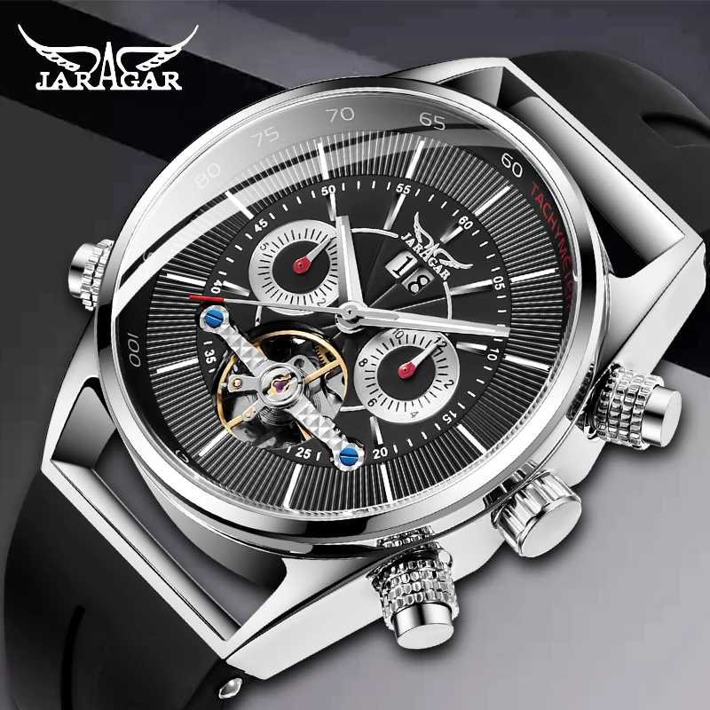 Часы JARAGAR Tourbillion Мужские механические модные черные многофункциональные дисплей