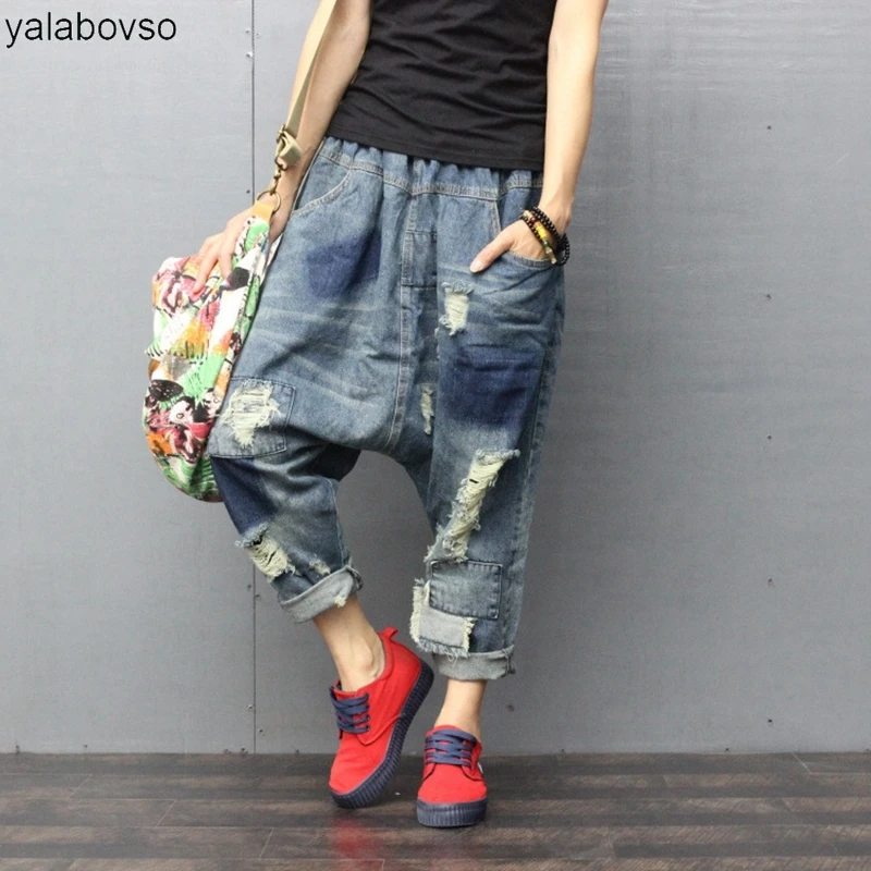 Комбинированные джинсовые брюки в стиле хип-хоп уличная одежда шаровары с