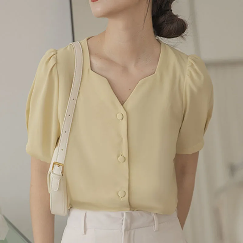 Блузка женская шифоновая с V-образным вырезом модная однотонная Базовая рубашка