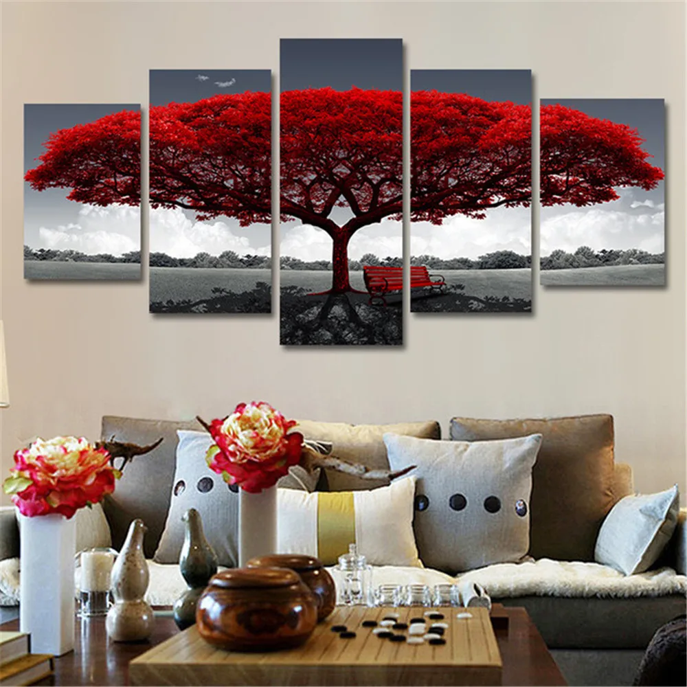 Фото Горячая Распродажа красное большое дерево пять групп современная семейная
