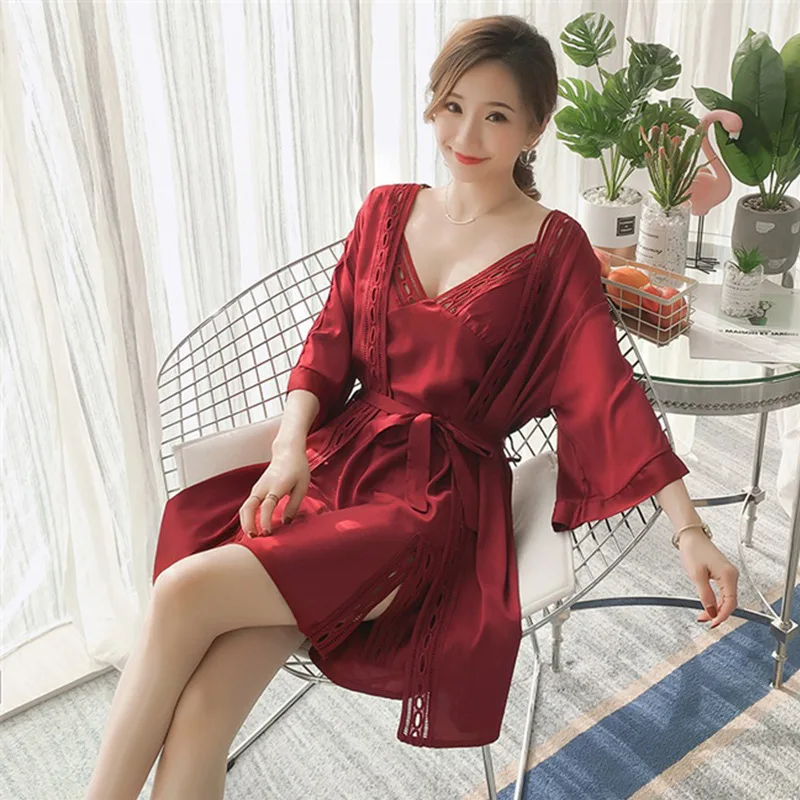 Burgundy Bride Wedding Robe Spring Summer 2PCS Sleepwear Lady Nighty&robe Set Silky Soft Kimono Bathrobe Gown Sexy Home Clothes
Burgundy Bride Wedding Robe Spring Summer 2PCS Sleepwear Lady Nighty&robe Set Silky Soft Kimono Bathrobe Gown Sexy Home Clothes