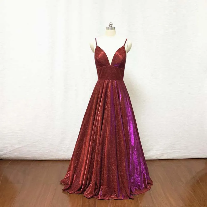 

Spaghetti Straps Burgundy Glitter Long Prom Dress Ball Gown Vestidos De Gala Sleveless V Neck Women Dresses Evening Party