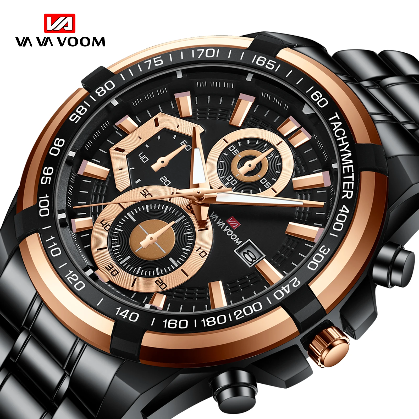 

VAVA VOOM Men Sports Watch Fashion Rose Gold Case Black Stainless Steel Strap Calendar Waterproof Quartz Watch Relogio Masculino