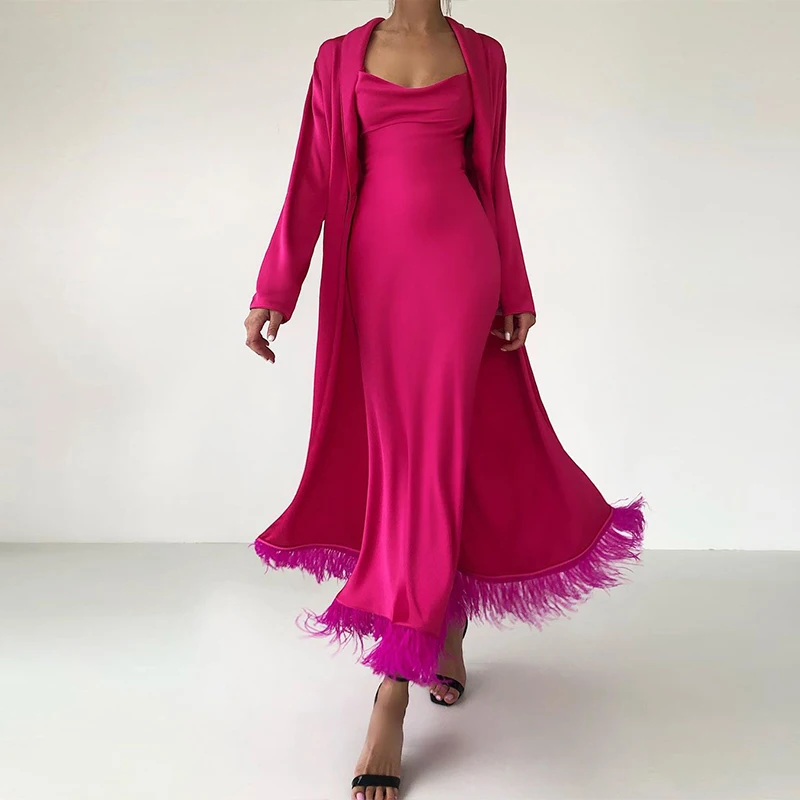 High Fashion Sling Long Dress Outfits Elegant Lady Cardigan Tops + Feather Dress Suits Homewear Casual Solid Long Coat Women Set
High Fashion Sling Long Dress Outfits Elegant Lady Cardigan Tops + Feather Dress Suits Homewear Casual Solid Long Coat Women Set