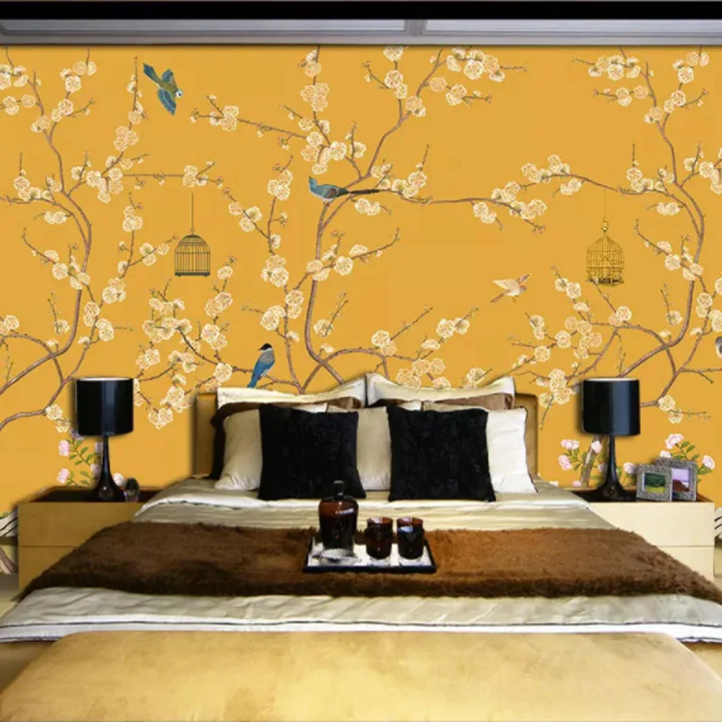 

Настенные обои на заказ в современном китайском стиле, ручная роспись, цветок магнолии, птица, фотообои для спальни, Papel De Parede, домашний декор