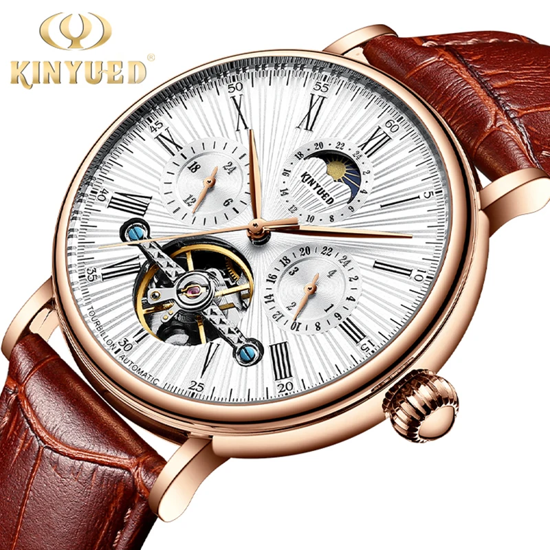 KINYUED Classic Men Retro Watches Automatic Mechanical Watch Tourbillon Clock Genuine Leather Waterproof Moon Phase Wristwatch
KINYUED Classic Men Retro Watches Automatic Mechanical Watch Tourbillon Clock Genuine Leather Waterproof Moon Phase Wristwatch