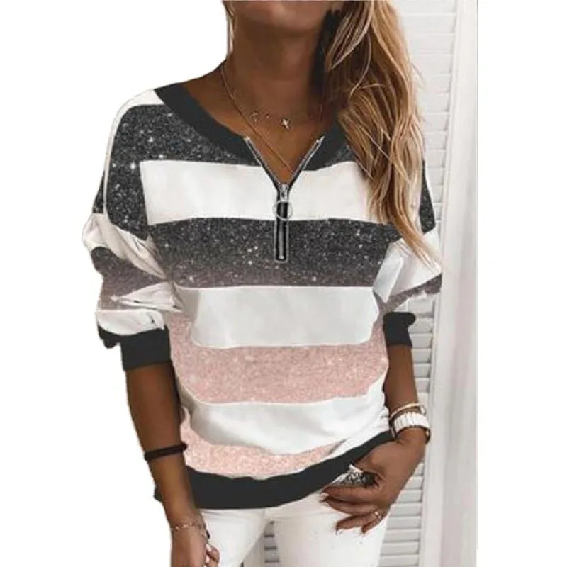 Autumn Leisure Striped Long-sleeved Top New High-neck Zipper V-neck Slim Pullover T-shirt Fashion Loose Plus Size Ladies Top 
Autumn Leisure Striped Long-sleeved Top New High-neck Zipper V-neck Slim Pullover T-shirt Fashion Loose Plus Size Ladies Top