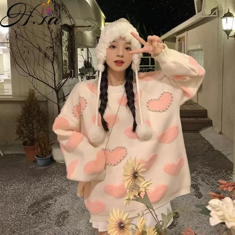 Hsa Winter Sweaters Love Pearl Beaded Pullover Women's Pink 2021 Korean Style Loose Cute Kawaii Knitted Tops Sweater Bags Jumper
Hsa Winter Sweaters Love Pearl Beaded Pullover Women's Pink 2021 Korean Style Loose Cute Kawaii Knitted Tops Sweater Bags Jumper