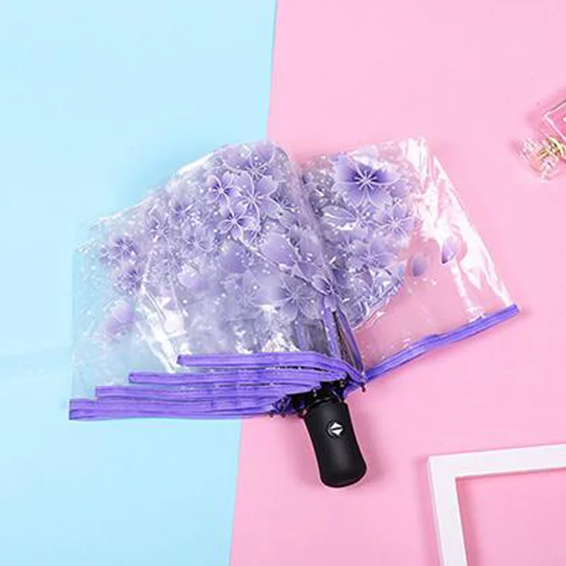 Fully automatic three-folding women transparent umbrella small fresh romantic style female umbrella windproof strong umbrella 
Fully automatic three-folding women transparent umbrella small fresh romantic style female umbrella windproof strong umbrella