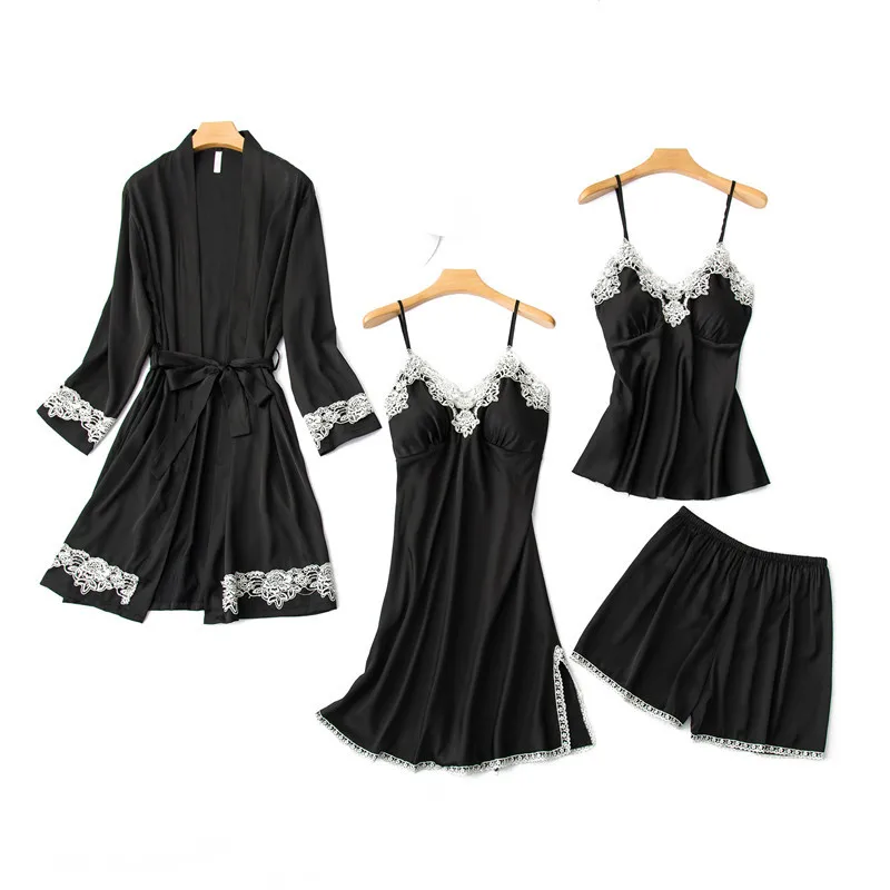 4 Pieces Sets Women Pajamas Sets Satin Sleepwear Silk Nightwear Pyjama Spaghetti Strap Pijama With Chest Pads
4 Pieces Sets Women Pajamas Sets Satin Sleepwear Silk Nightwear Pyjama Spaghetti Strap Pijama With Chest Pads