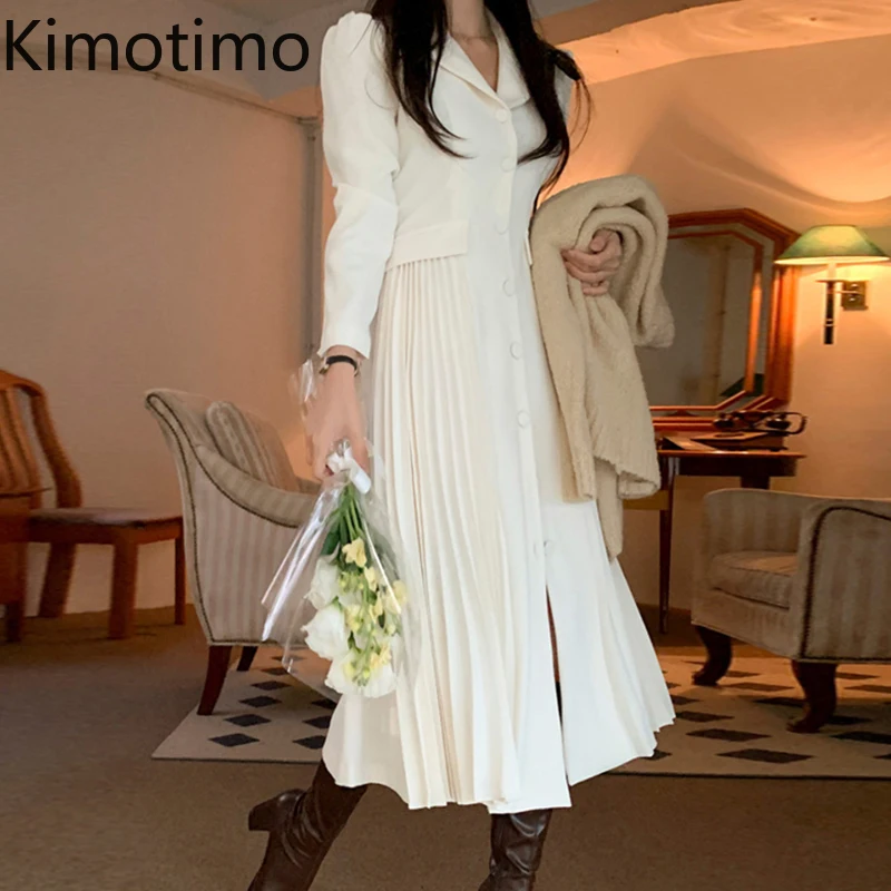 

Женское плиссированное платье Kimotimo, Элегантное однобортное платье во французском стиле с отложным воротником и длинными рукавами, с разрез...