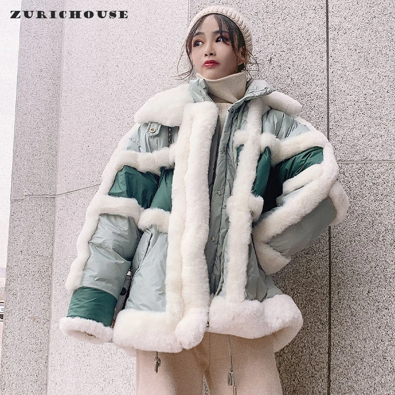 

Женский пуховик из овечьей шерсти ZURICHOUSE, зимняя парка на белом утином пуху 2021, модное толстое теплое пуховое пальто из натурального меха