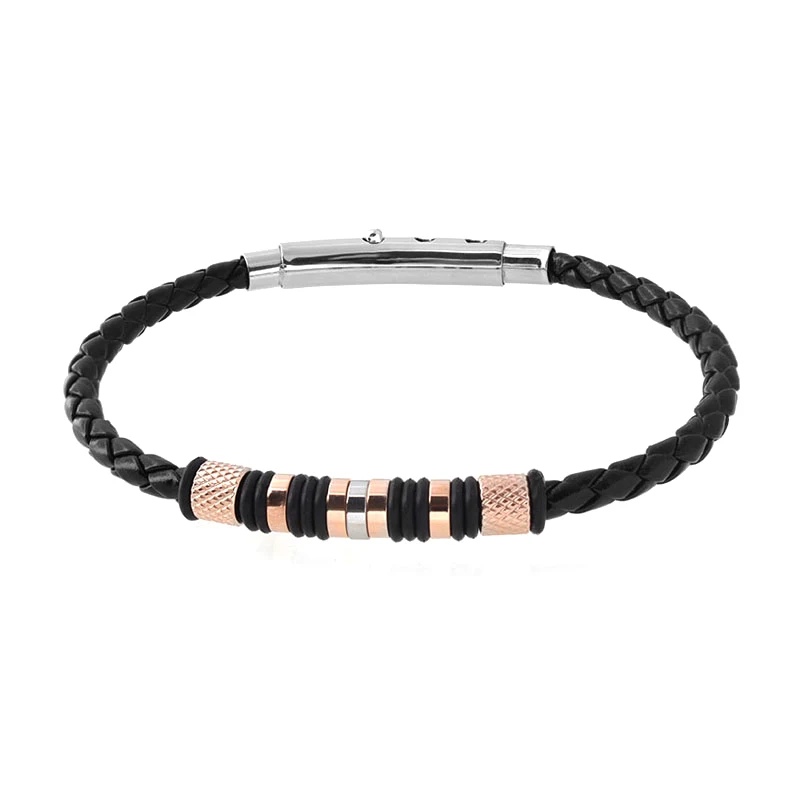 Runda Men's Bracelet Black Chain with Rose Gold Stainless Steel Parts Adjustable Size 22cm Genuine Leather Bracelet for Men
Runda Men's Bracelet Black Chain with Rose Gold Stainless Steel Parts Adjustable Size 22cm Genuine Leather Bracelet for Men