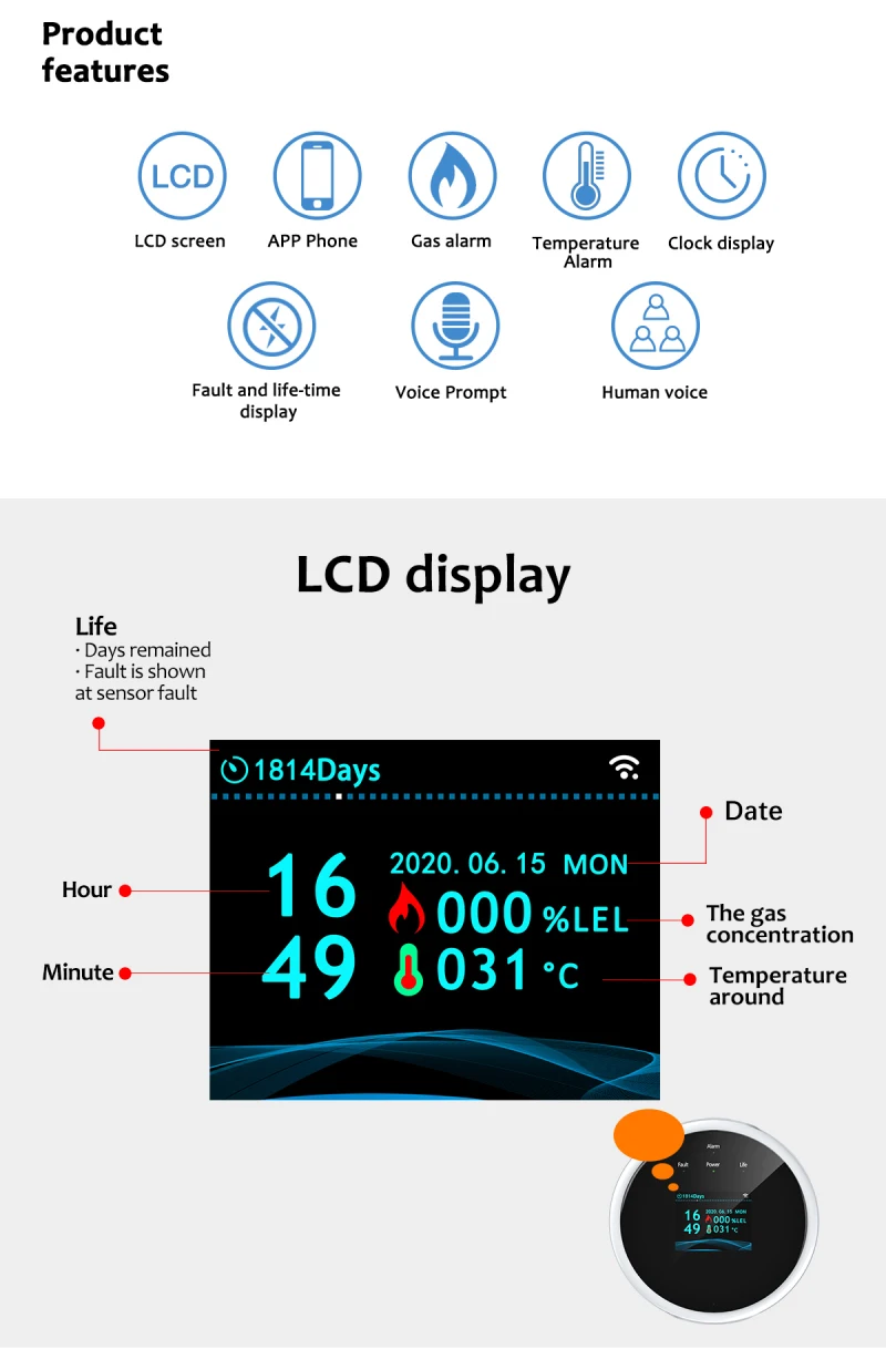 Tuya Smart Wifi Gas Sensor Combustible Gas Leak Detector With Temperature Sensor LCD Display USB Power Supply
Tuya Smart Wifi Gas Sensor Combustible Gas Leak Detector With Temperature Sensor LCD Display USB Power Supply