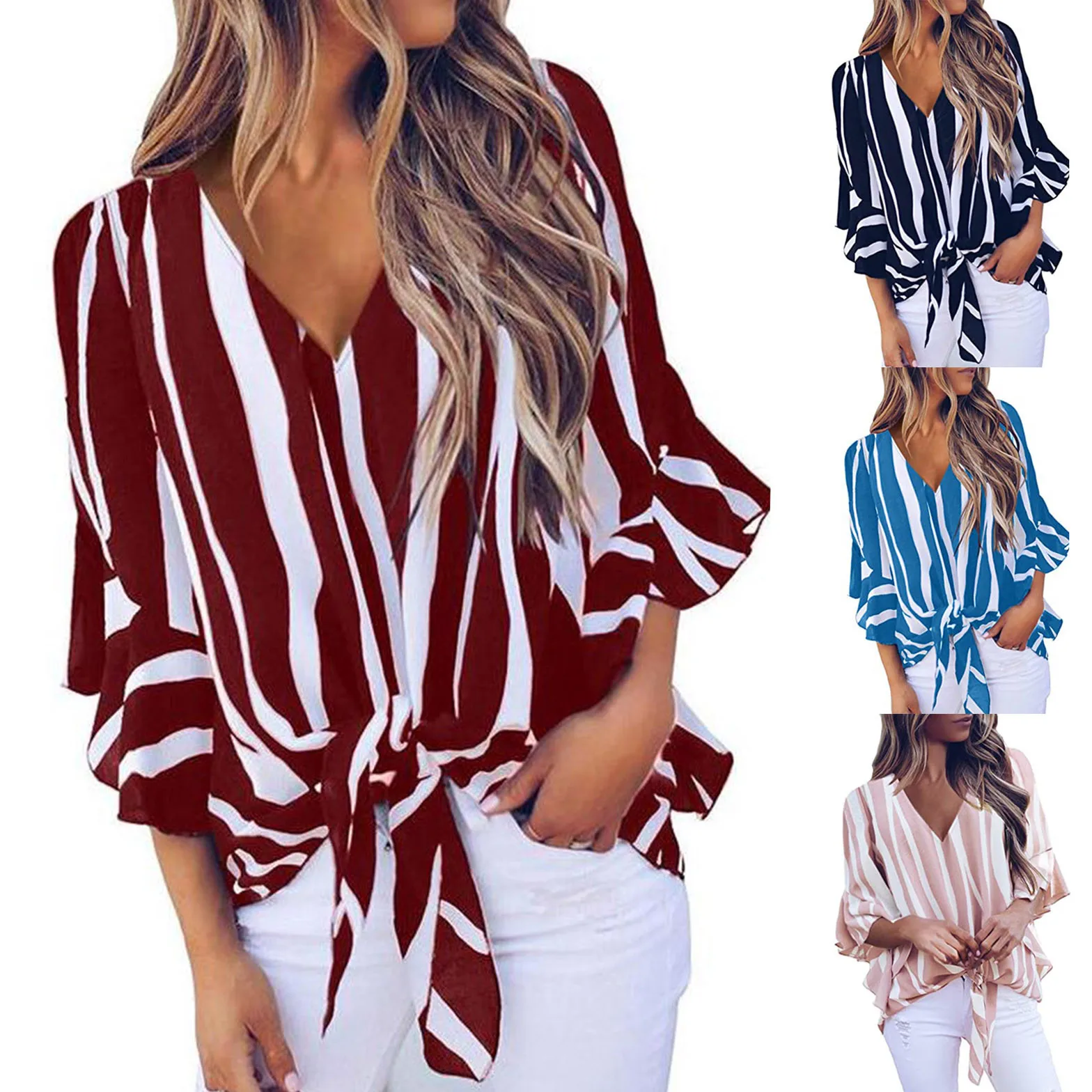 Ladies T-shirts Chiffon Fashion Printed Sexy V-neck Chiffon Striped Knotted Casual Shirt Top V-neck Bow Ruffles Blouse Women
Ladies T-shirts Chiffon Fashion Printed Sexy V-neck Chiffon Striped Knotted Casual Shirt Top V-neck Bow Ruffles Blouse Women