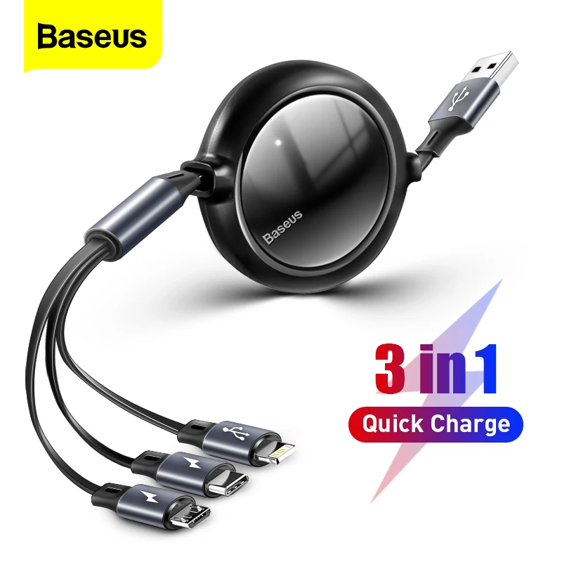 USB кабель Baseus 3 в 1 для iPhone 12 Pro Type C быстрая зарядка Samsung Huawei Xiaomi Mi выдвижной Micro