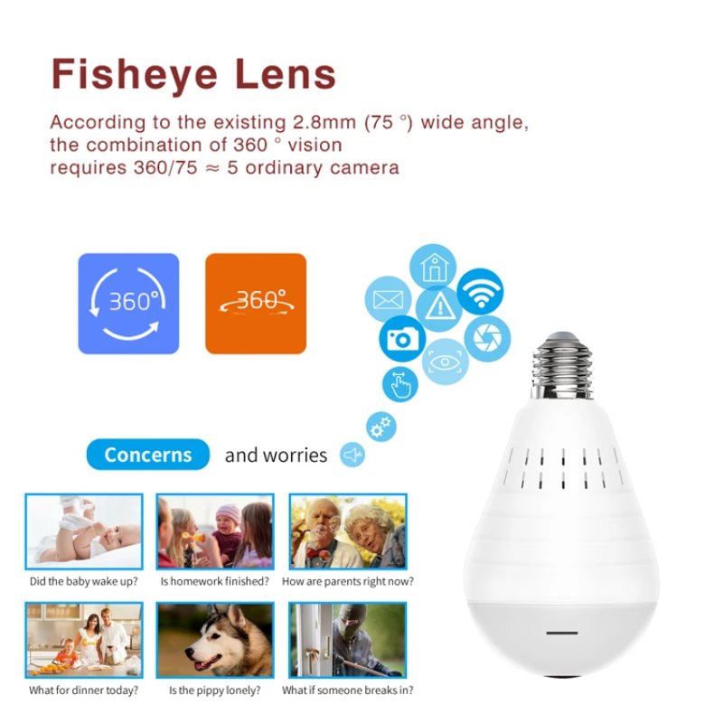 360c Wifi Bulb IP Camera LED CCTV Night vision Camera LED bulb E27 VR smart light blub Wireless Panoramic Home Security Light
360c Wifi Bulb IP Camera LED CCTV Night vision Camera LED bulb E27 VR smart light blub Wireless Panoramic Home Security Light