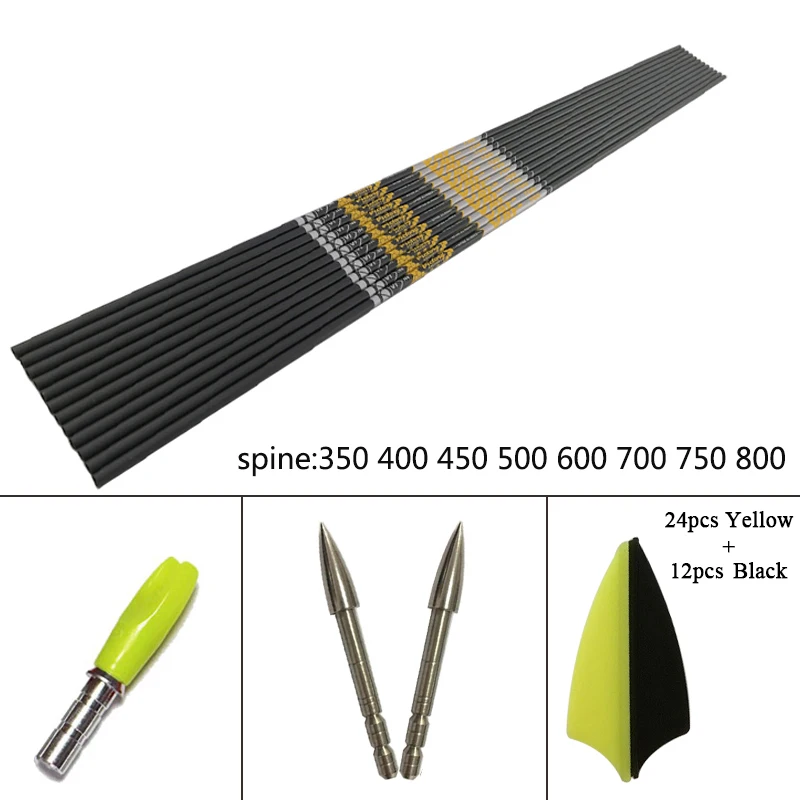 12 шт. карбоновые стрелы для стрельбы из лука вал ID4.2mm Sp350 800 V1 Vanes Arrow 80gr наконечники