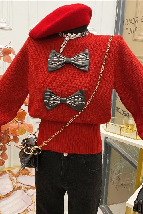 2021 New Retro Loose Lazy Sweater Women's Outerwear Beaded Bow Tie Long Sleeve Knitting Pullover Jumper Female Sweaters Feminino 
2021 New Retro Loose Lazy Sweater Women's Outerwear Beaded Bow Tie Long Sleeve Knitting Pullover Jumper Female Sweaters Feminino