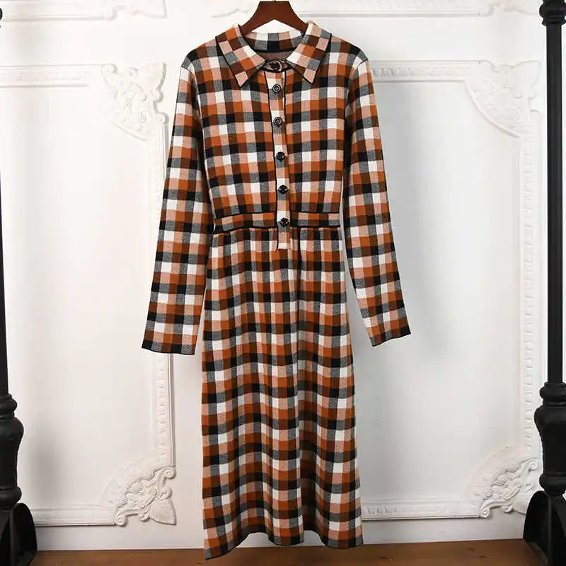 Autumn Spring 2021 England Style Women's plaid long sleeves dess High quality 48%Wool knitted dress C741
Autumn Spring 2021 England Style Women's plaid long sleeves dess High quality 48%Wool knitted dress C741